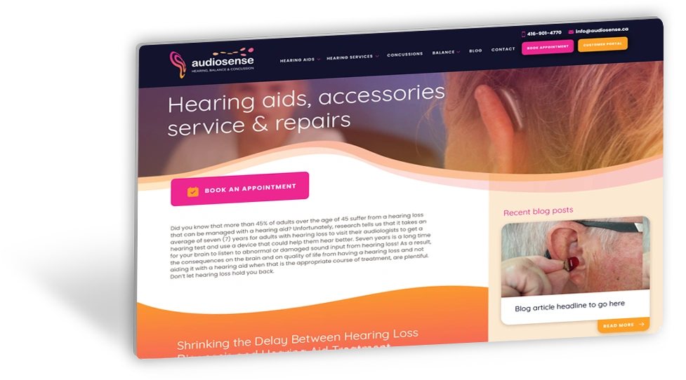 AudioSense service page layout built on WordPress by blackDot.ca