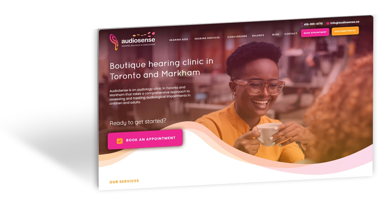 AudioSense hearing clinic website showcasing clean responsive design by blackDot.ca