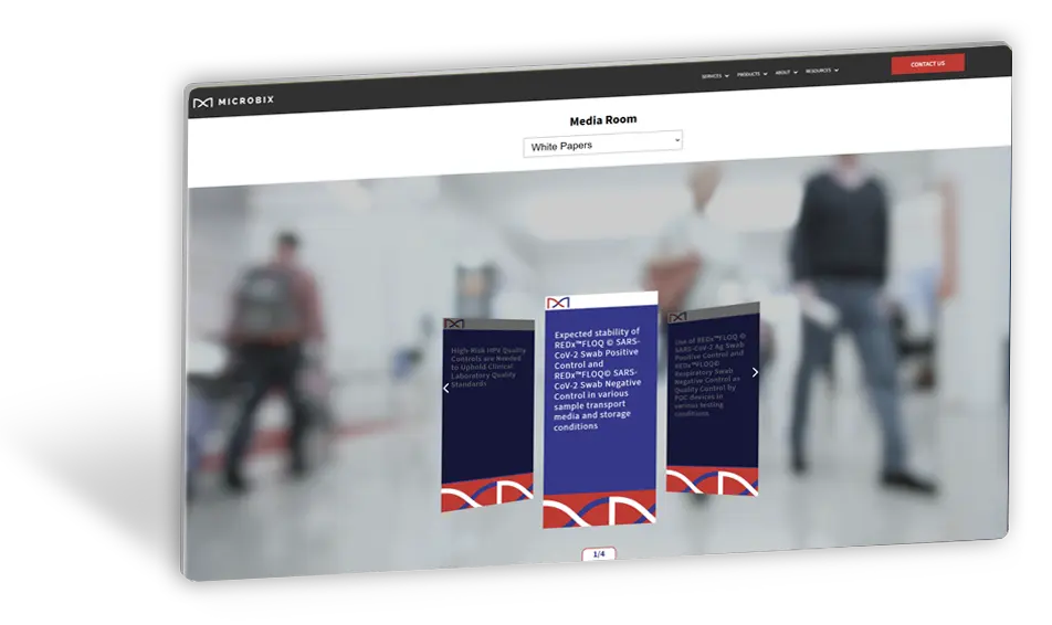 Microbix infectious disease biomaterials homepage visual redesigned for reseller marketplace