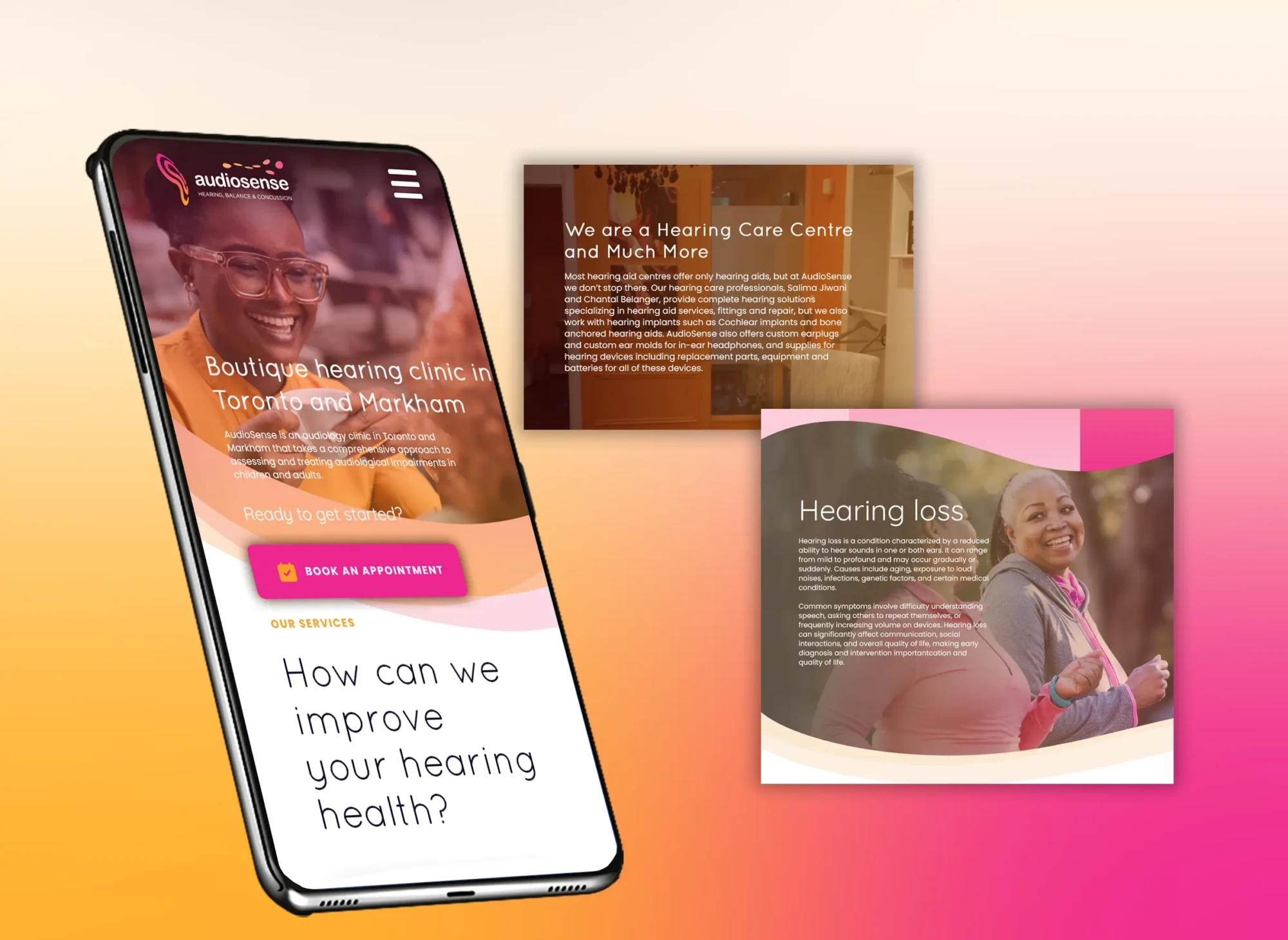 Custom WordPress web design for AudioSense by blackDot.ca highlighting accessibility and UX