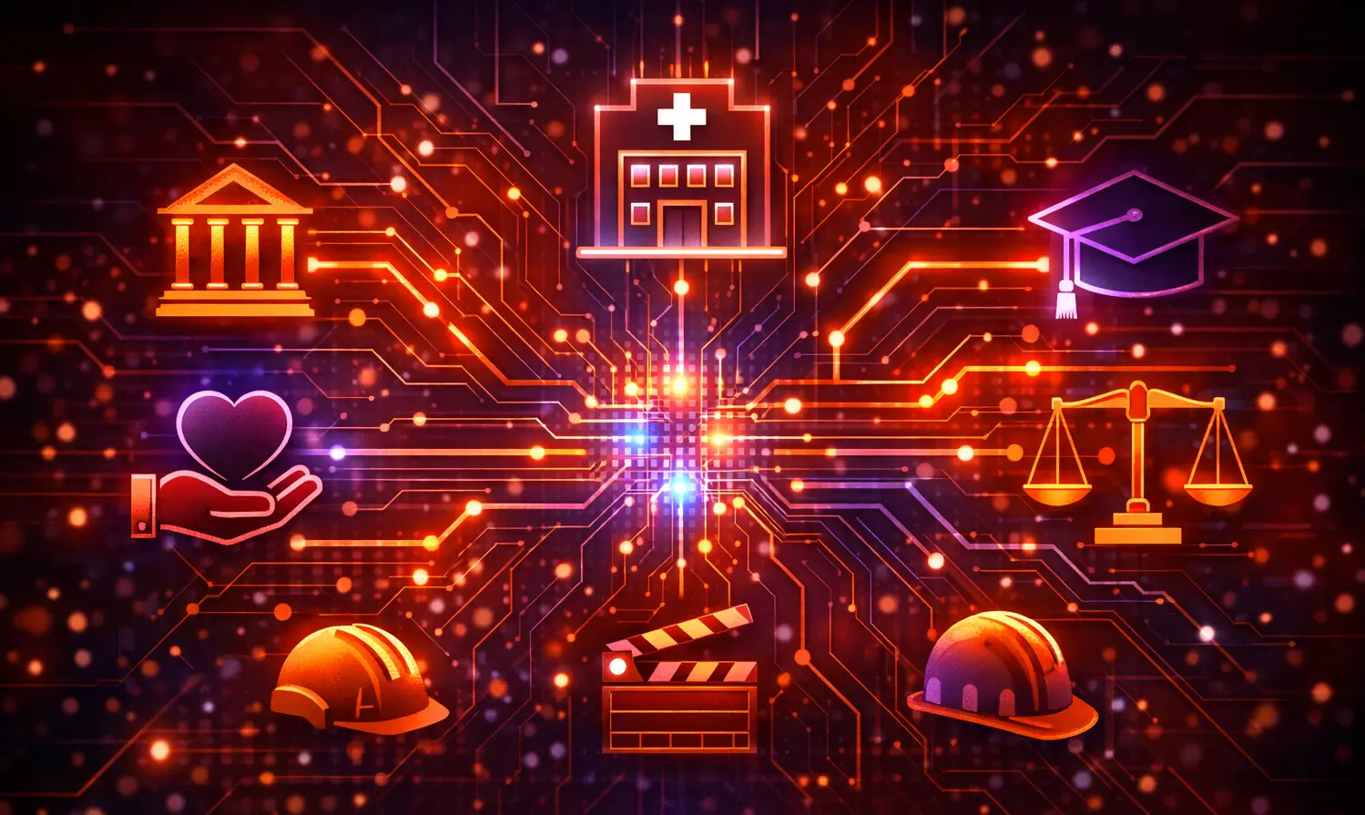 Multi-industry digital infrastructure graphic with finance, healthcare, education, legal, media, and construction icons connected to a central core