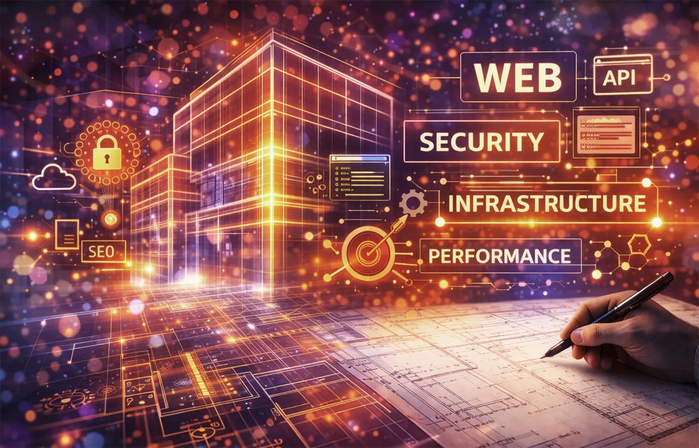 Abstract architectural blueprint with glowing web infrastructure elements representing technical depth and professional web development